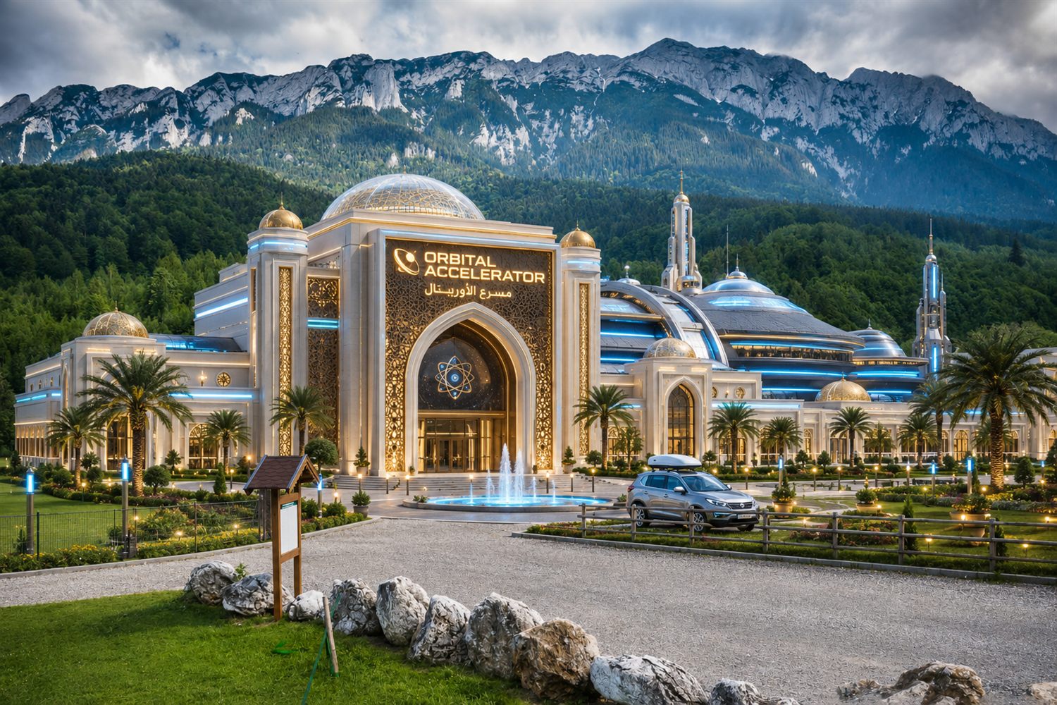 Concept rendering of the campus arrival court: an ornate domed entrance hall with gold detailing and bilingual English and Arabic signage, mountain ridge behind